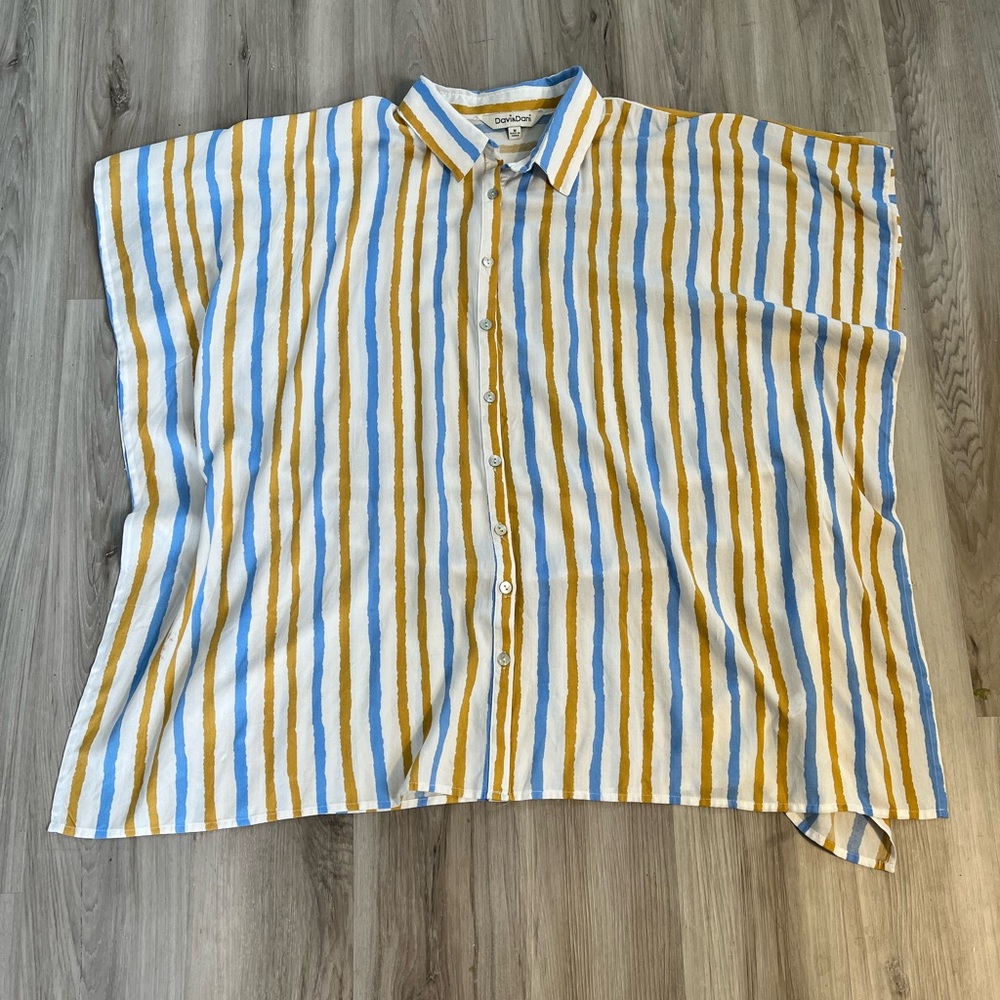 Women’s Blue And Gold Striped Davi And Dani Relaxed Fit Button Tunic Top Medium